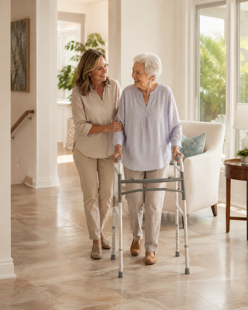 Older adult using a walker at home with family support