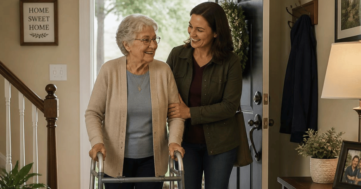 Older woman entering a home with a family member after hospital discharge