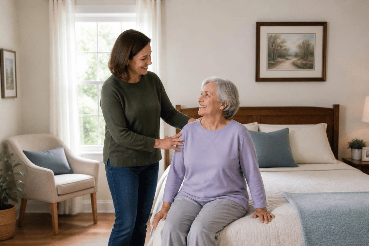 Bedroom prepared for someone returning home after hospital discharge